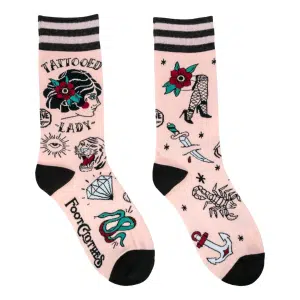 0102TattooedLadyCrewSockFlatLayRightSquareBGWhiteBGSquare