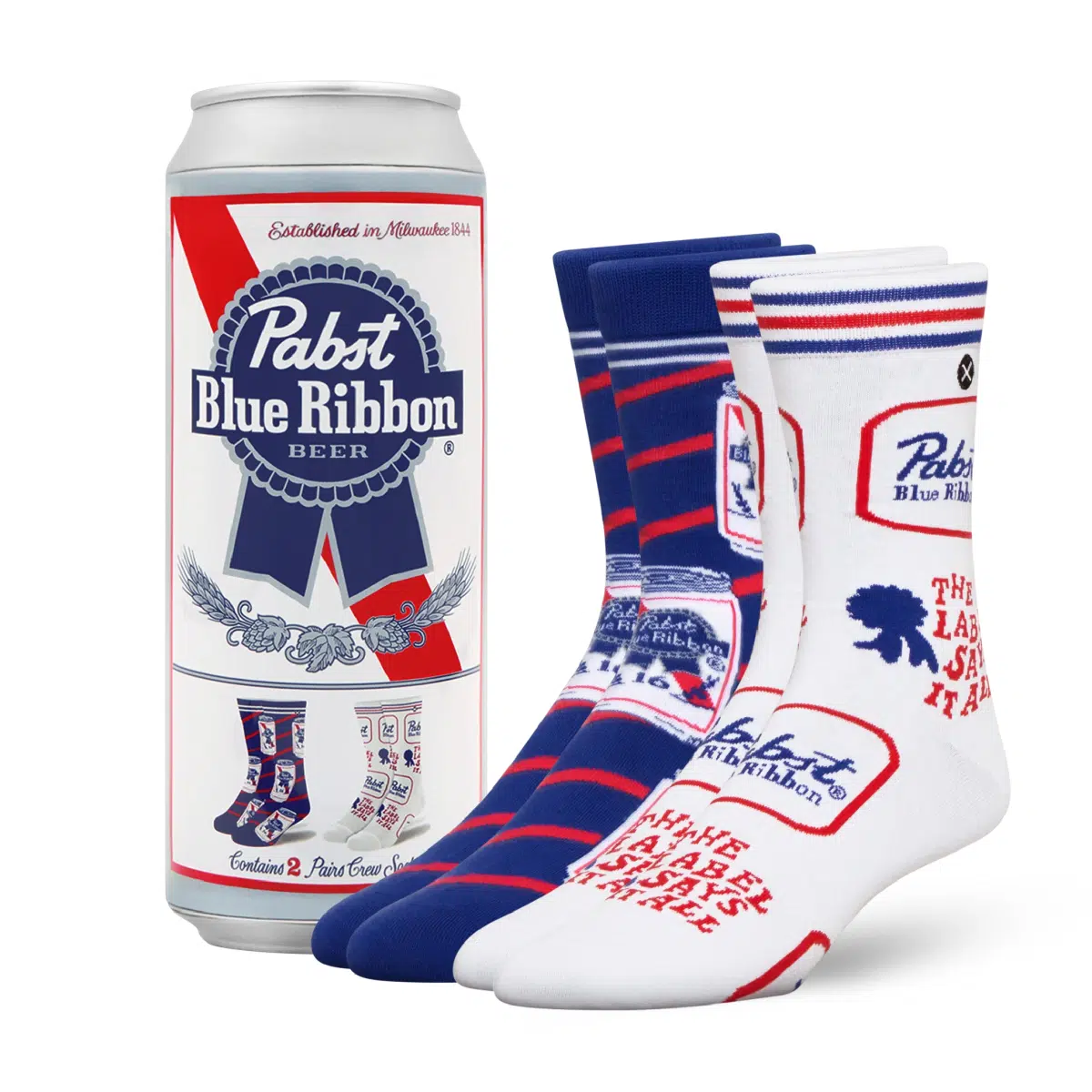 ODDMART Pabst Blue Ribbon Crew Socks 2-Pack (Size L Fits: Mens 8-12 / Womens 10-13)