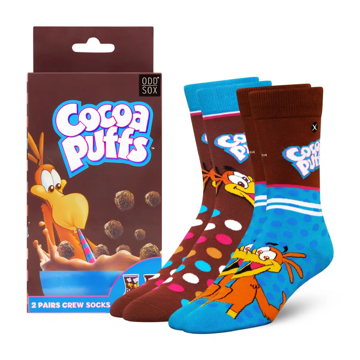 ODDMART Cocoa Puffs Crew Socks 2-Pack (Size L Fits: Mens 8-12 / Womens 10-13)